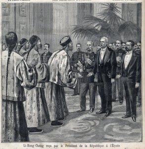 Li Hongzhang modtaget af republikkens præsident Felix Faure (1841-1899) på Elysee-paladset. Indgravering i "Le Petite Parisien"" af Anonymous Anonymous