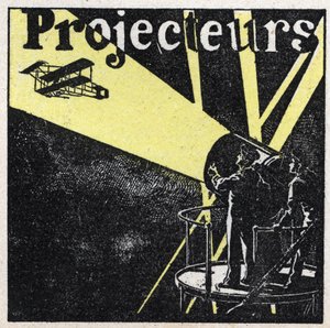 Lysrefleksion: spotlights bruges til at spotte et fly på himlen om natten. Anonym illustration fra 1925. Privat samling. af Anonymous Anonymous