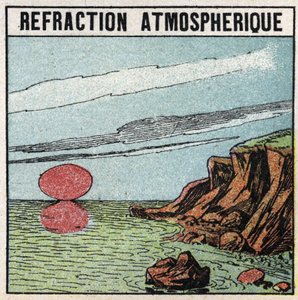 Lysbrydning: Atmosfærisk brydning giver den illusion, at solen er større ved opgang eller solnedgang end ved zenit. Anonym illustration fra 1925. Privat samling. af Anonymous Anonymous