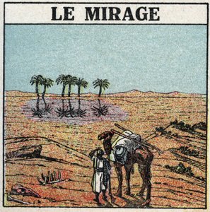Lysbrydning: luftspejling. Atmosfærisk brydning giver en illusion af en oase, der dukker op i en ørken. Anonym illustration fra 1925. Privat samling. af Anonymous Anonymous