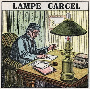 Lyskilder: Carcel lampe, opfundet af Guillaume Carcel (1750-1812) og ved hjælp af vegetabilsk olie. Anonym illustration fra 1925. Privat samling. af Anonymous Anonymous