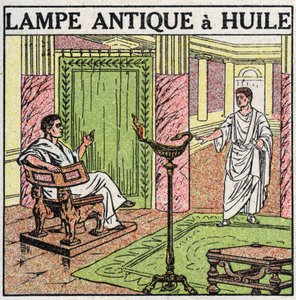 Lyskilder: olielampe brugt i antikken. Anonym illustration fra 1925. Privat samling. af Anonymous Anonymous