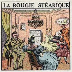 Lyskilder: Stearinlyset brugt på lysekroner i det 19. århundrede. Anonym illustration fra 1925. Privat samling. af Anonymous Anonymous