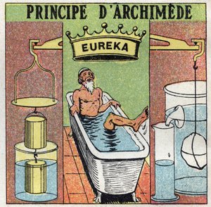 Væskebalance: Archimede-princippet (skubber legemer ned i vand). Mens han tog sit bad, lagde Archimede af Syracuse (287 f.Kr.-212 f.Kr.) mærke til, at hans ben vejede tungere op af vandet end i vandet og råbte "Eureka! “. Anonym illustration fra 1925. Pr af Anonymous Anonymous