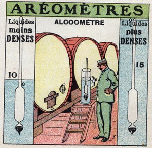 Væskebalance: måler tætheden af en alkohol med et alkoholometer (et aerometer bruges til alkohol). Anonym illustration fra 1925. Privat samling. af Anonymous Anonymous