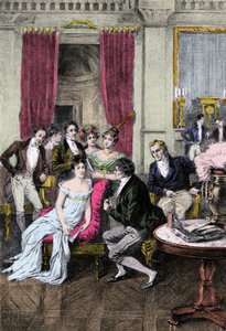 Litterær Salon: "" Rundt om Madame Recamier"" Madame Juliette Recamier (1777-1849) omgivet af litterære og politiske personligheder: Charles Nodier (1780-1844), Francois Rene Viscount de Chateaubriand (1768-1848), Sophie Gay (175276-185276) ), Benjamin Con af Anonymous Anonymous
