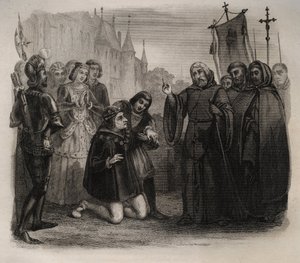Ludvig XI (1423-1483) beder om hans guerison til Francois de Paule (1416-1507) Indgravering af 1846 i "De helliges liv"". Privat samling. af Anonymous Anonymous