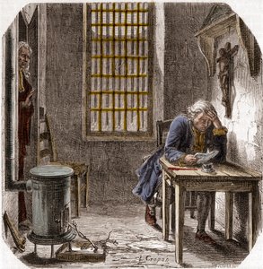 Ludvig XVI (1754-93) Læser sin sidste vilje og testamente i templet 1792 - Ludvig XVI læser sit testamente i templets tårn den 25. december 1792 - Indgravering i "Histoire des Girondins" af Alphonse de Lamartine (1790-1869) 1865-1866 - Private collecti af Anonymous Anonymous