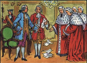 Ludvig XV (1710-1774), konge af Frankrig, nedbryder parlamentets afgørelser. Anonym illustration i ""Samling af Frankrigs suveræner og statsoverhoveder"". 20. århundrede. Privat samling. af Anonymous Anonymous