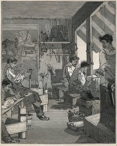 Fremstilling af kamme på et værksted i Frankrig i det 19. århundrede. Indgravering fra 1885 i "" Les arts et metiers illustres"" af Adolphe BITARD. af Anonymous Anonymous