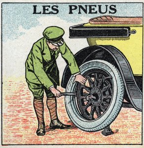 Mekanisk trækkraft: dæk til en bil. Anonym illustration fra 1925. Privat samling. af Anonymous Anonymous