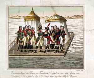 Møde mellem kejserne Alexander I af Rusland og Napoleon I af Frankrig ved Neman nær Tilsit - Anonym - 1807 - Radering, akvarel - 29,7x39,7 - Privat samling af Anonymous Anonymous