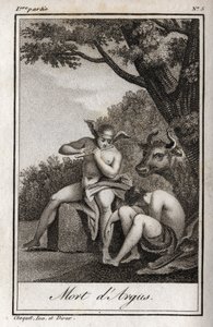 Mercury and Argus (Mercury and Argus). Death of Argus: Mercury spillet af fløjten for at falde i søvn Argus og aflive nymfen Io, forvandlet til en ko. Stik fra 1819 i "Lettres a Emilie sur la mythologie" af Charles Albert Demoustier (1760-1801). af Anonymous Anonymous