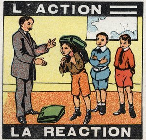 Bevægelser: handling, reaktion. En dreng iført sin taske. Anonym illustration fra 1925. Privat samling. af Anonymous Anonymous