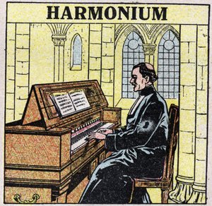 Musikinstrumenter: blæseinstrumenter ved hoften. Harmoniumspiller i en kirke. Anonym illustration fra 1925. Privat samling. af Anonymous Anonymous