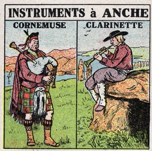 Musikinstrumenter: blæseinstrumenter ved hoften. Pibe- og klarinetspillere. Anonym illustration fra 1925. Privat samling. af Anonymous Anonymous