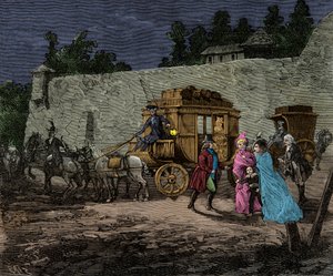 Kongefamiliens natflyvning til Varennes i 1791, Gravering, Privat samling af Anonymous Anonymous