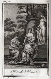 Tilbud til Venus. Små kærligheder (angelots) samles for at hylde gudinden Afrodite. Stik fra 1819 i "Lettres a Emilie sur la mythologie" af Charles Albert Demoustier (1760-1801). Privat samling. af Anonymous Anonymous