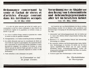 "" Forordning om salg og køb af fødevarer og genstande til fælles formål i de besatte områder" - Fransk-tysk tosproget plakat af Anonymous Anonymous