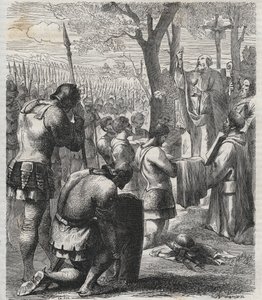 Otto I, hellig romersk kejser modtager nadver før slaget ved Lechfeld (955) - Den tyske kejser Otton I (Othon) (912-973) modtog nadver før slaget ved Lechfeld i 955 - gravering af 1864 af Anonymous Anonymous