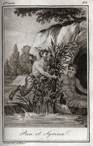 Pan og nymfen Syrinx omdannet til siv (Pan og Nymph Syrinx). Stik fra 1819 i "Lettres a Emilie sur la mythologie" af Charles Albert Demoustier (1760-1801). Privat samling. af Anonymous Anonymous