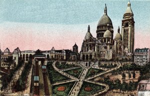 Paris: kabelbanen og basilikaen Sacre Coeur (Sacre-Coeur) på Butte Montmartre. Fotografi af 1920 i "" Kunstnerisk Album"" af byen Paris. Privat samling. af Anonymous Anonymous