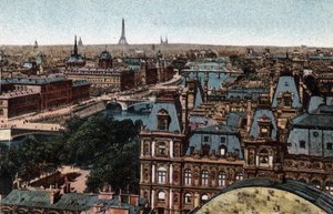 Paris: panorama af Huits-broerne ved Seinen med Eiffeltårnet i baggrunden. Fotografi af 1920 i "" Kunstnerisk Album"" af byen Paris. Privat samling. af Anonymous Anonymous