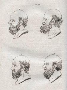 Fysiognomi - Fysiognomi - Adskillige hoveder af den græske filosof Sokrates (ca. 469 f.Kr.-399 f.Kr.) (Buste af Sokrates (ca. 469 f.Kr.-399 f.Kr.), athensk filosof) indgravering fra 1808 i "Kunsten at kende mennesker gennem fysiognomi" Johann Gaspar (Gaspa af Anonymous Anonymous