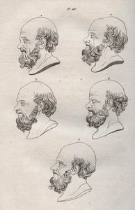 Fysiognomi - Fysiognomi - Adskillige hoveder af den græske filosof Sokrates (ca. 469 f.Kr.-399 f.Kr.) (Buste af Sokrates (ca. 469 f.Kr.-399 f.Kr.), athensk filosof) indgravering fra 1808 i "Kunsten at kende mennesker gennem fysiognomi" Johann Gaspar (Gaspa af Anonymous Anonymous