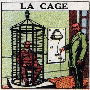 Fysiologiske effekter af elektrit: buret. Pleje af en patient ved at føre elektricitet omkring ham uden at røre ved ham, også kaldet "selvledningsmetode". Anonym illustration fra 1925. Privat samling. af Anonymous Anonymous