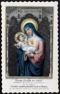 Fromme billede: Jesus som et barn i armene på sin mor Maria, med det hellige hjerte (indgravering) af Anonymous Anonymous