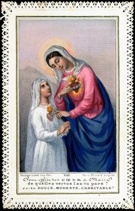 Fromme billede: Lille pige i nadverdragt, der ofrer sit hjerte til Jomfru Maria. "" At tilbyde dit hjerte til Maria, af hvilke dyder du pryder det, er du sød, beskeden, velgørende""" Dentelee kort. 19. århundrede. Privat samling af Anonymous Anonymous