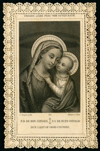 Fromt billede: Portræt af Jomfru Maria, Vor Frue af Gode Råd (gravering) af Anonymous Anonymous