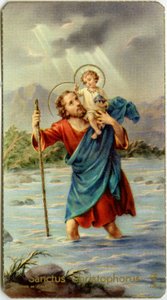 Fromme billede: Sankt Christophorus krydser Jordan med den unge Jesus på ryggen (kromolitografi) af Anonymous Anonymous