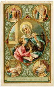 Fromt billede: scener fra den hellige Annes liv, brylluppet, Marias fødsel, præsentationen til templet og døden (kromolithografi) af Anonymous Anonymous