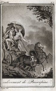 Pluto (Hades) tager Persephone (Proserpine) foran sin mor, Ceres (Demeter), og tager ham med til underverdenens rige. Pluto transporterer Persephone til sit rige, underverdenen, i græsk mytologi. Stik fra 1819 i “Lettres a Emilie s af Anonymous Anonymous