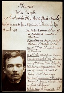 Politiark af kriminel Jules Bonnot (1876-1912) (Bonnot band) med liste over forbrydelser af Anonymous Anonymous