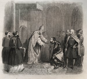 Pave St. Pius V (Pius eller Pio) (1566-1572), der modtager vinderen af slaget ved Lepante. Indgravering fra 1846 i ""De helliges liv"". Privat samling. af Anonymous Anonymous