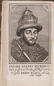 Portræt af Alexis I Mikhailovitch de Russie (1629-1676), dit le tsar tres paisible (Portræt af zaren Alexis I Mikhailovich af Rusland) - Radering fra ""Den nuværende stat i Rusland"" af Samuel Collins af Anonymous Anonymous