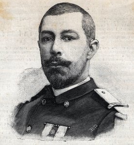 Portræt af Antoine Mizon (1853-1899) fransk opdagelsesrejsende i Afrika. Gravering i "" Le Peute Parisien"" af Anonymous Anonymous