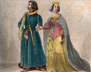 Portræt af Charlotte de Savoie (1441-1483) Dronning af Frankrig, med Louis XI af Frankrig, kendt som den forsigtige (1423-1483). Stik fra 1859 i "" Le Monde. Alle folkeslags historie fra de fjerneste tider til i dag”. af M. E. de Lostalot-Bachoue. af Anonymous Anonymous