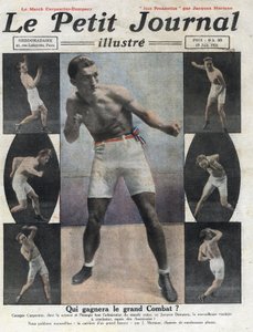 Portræt af den franske bokser Georges Carpentier, der skal kæmpe mod den amerikanske bokser Jack Dempsey om titlen som verdensmester. Illustration taget fra "" Le petit journal illustrious""" af 19/06/1921. Privat samling af Anonymous Anonymous
