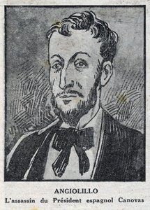 Portræt af Michele Angiolillo Lombardi dit Jose Sants eller Rinaldini, italiensk anarkist (1871-1897) snigmorder af præsidenten for det spanske råd, Antonio Canovas del Castillo (1828-1897). Indgravering i "" L