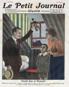 Portræt af skuespilleren Charlie Chaplin, der rejser til London, besøger sit tidligere værelse, og tilbyder familiens barn en lille dukke af Charlot. Illustration taget fra "" Le petit journal illustrious""" af 23/09/1921. Privat samling af Anonymous Anonymous