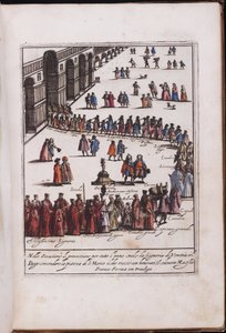Procession du doge et de son entourage sur la place Saint Marc, Venedig - Procession af Doge og hans følge på Piazza San Marco i Venedig, Anonym . Kobberstik, akvarel af Anonymous Anonymous