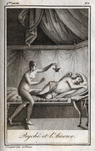 Psyche and Amor-indgravering fra 1819 i "Letters to Emilie on Mythology" af Charles Albert Demoustier (1760-1801). Privat samling. af Anonymous Anonymous