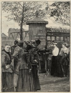 Offentlig hygiejne: indbyggere i Paris bruger en af filtreevandfontænerne installeret i det 15. arrondissement. Disse springvand har et Chamberland Pasteur-systemfilter. Stik i “Le monde illustree”” fra 1892. Privat samling. af Anonymous Anonymous