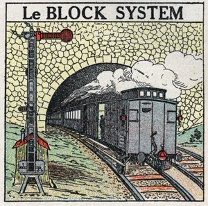 Jernbaner: bloksystemet bruger omkring større byer for at undgå kollisioner. Anonym illustration fra 1925. Privat samling. af Anonymous Anonymous