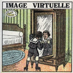 Refleksion af lys: virtuelt billede. Et barn, der overvejer sin refleksion i et spejl. Anonym illustration fra 1925. Privat samling. af Anonymous Anonymous