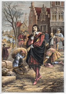 Rene Descartes (1596-1650), fransk filosof og matematiker, der går gennem Amsterdams gader - Descartes i Amsterdam - gravering fra "" L